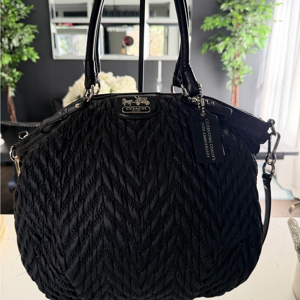 70th Anniversary Coach Madison Black Quilted Tote Bag with Top Handles